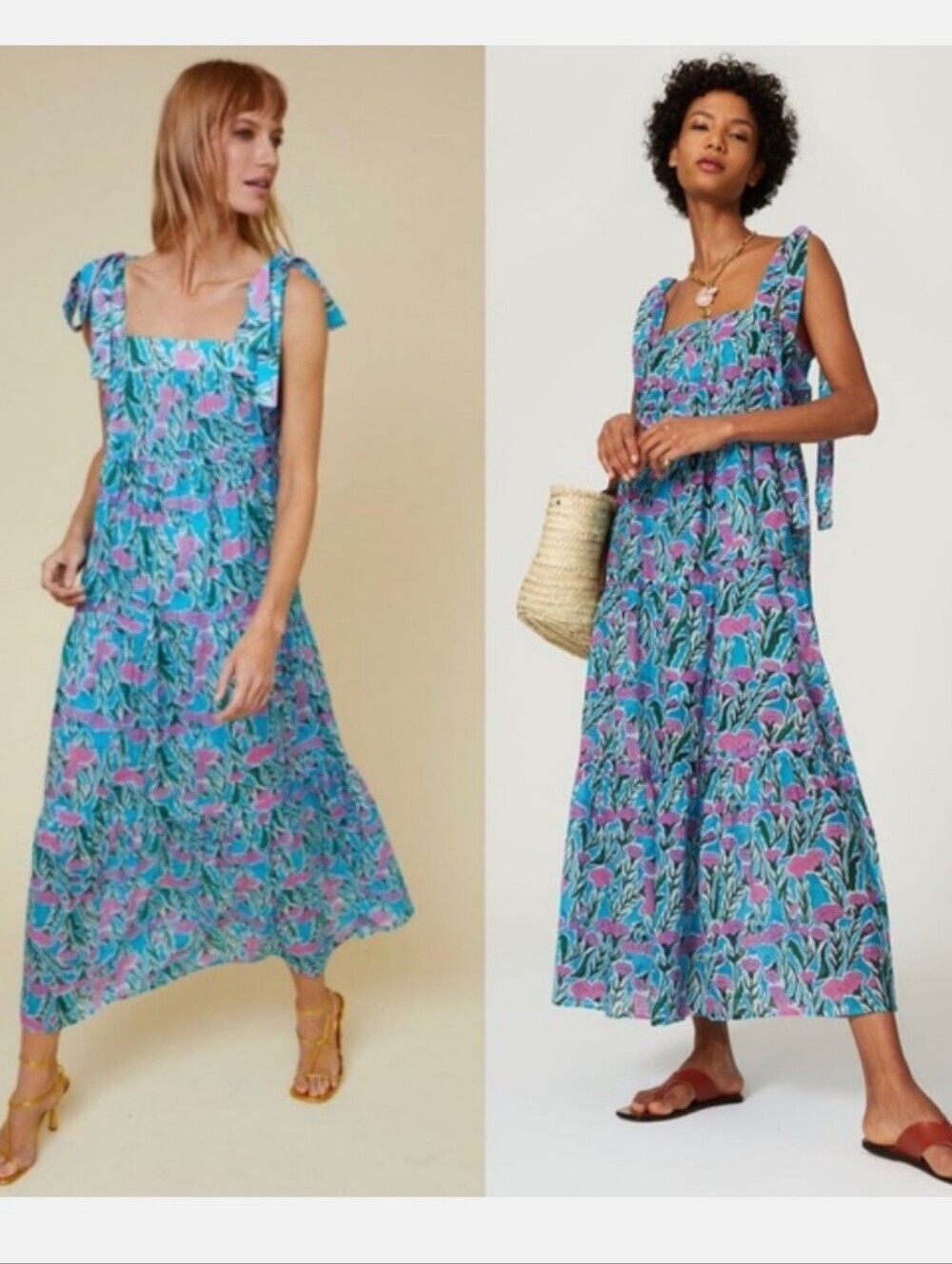 WARM NY Big Love Maxi Dress Tiered Flowy 100% Cotton Blue Floral Boho Large 3